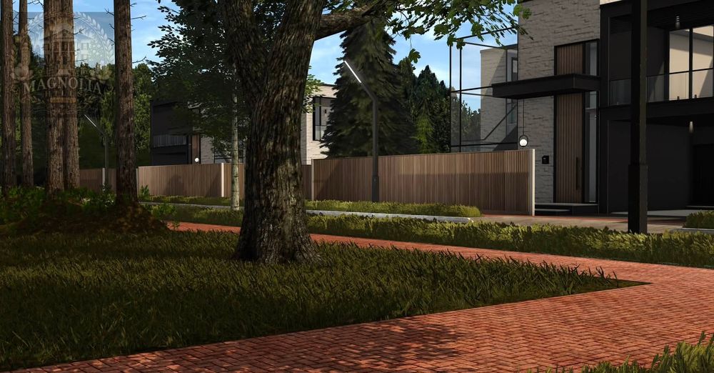 A mature oak shading a brick path beside a modern white-brick home in Magnolia Hills.